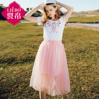 裂帛夏新款圆领刺绣短袖网纱裙假两件小仙连衣裙