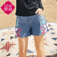 裂帛夏装新款高腰贴布刺绣水洗牛仔裤宽松A摆短裤