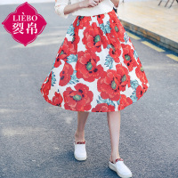 裂帛夏新款气质高腰印花中长裙显瘦A字大摆半身裙