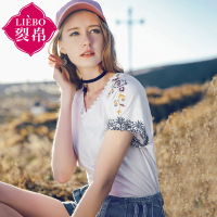 裂帛夏新款花边V领刺绣套头衫全棉短袖宽松针织T恤