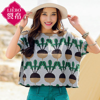 裂帛夏装新款一字领短款印花上衣针织宽松短袖T恤