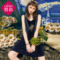 裂帛夏装新款刺绣宽肩带直筒吊带裙复古丝绒连衣裙