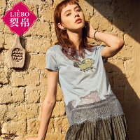 裂帛夏装新款圆领刺绣短袖上衣拼接不规则下摆T恤