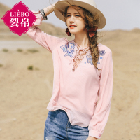 裂帛夏装新款系绳圆领刺绣套头衫文艺蕾丝雪纺衫