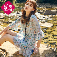 裂帛夏装新款花边立领飘带雪纺裙印花中袖连衣裙