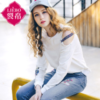 裂帛夏装新款镂空刺绣套头衫圆领露肩织带长袖卫衣