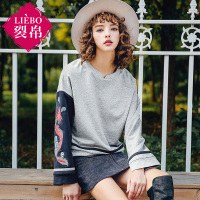 裂帛春装新款个性圆领刺绣撞色上衣休闲宽松套头卫衣