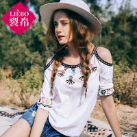 裂帛夏新款刺绣拼织带露肩上衣圆领针织七分袖T恤