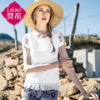 裂帛夏新款圆领文艺刺绣短袖上衣浪漫蕾丝拼接T恤