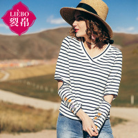 裂帛夏装新款V领条纹衫针织宽松型刺绣开口长袖T恤