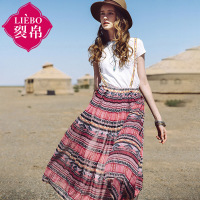 裂帛夏装新款刺绣背带A字大摆长裙印花雪纺半身裙