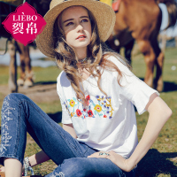 裂帛夏装新款圆领刺绣镂空短袖上衣蕾丝拼接百搭T恤