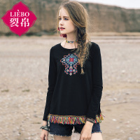 裂帛春装新款刺绣流苏摆上衣针织宽松圆领长袖T恤