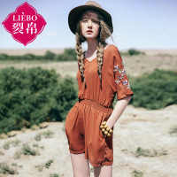 裂帛夏装新款V领刺绣短袖连体裤松紧腰雪纺休闲裤