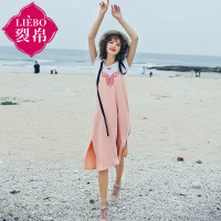 裂帛夏装新款蝴蝶贴布刺绣无袖裙子撞色吊带连衣裙