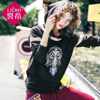 裂帛春新款图腾刺绣连帽套头衫装饰拉链落肩袖卫衣