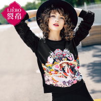 裂帛春新款手绘风印花圆领套头衫蕾丝拼接长袖卫衣