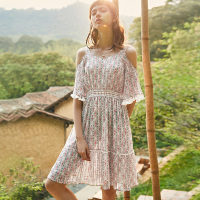 裂帛夏新款圆领长裙气质露肩镂空中袖雪纺裙印花飘逸连衣裙