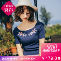 裂帛夏新款气质船领短袖上衣刺绣全棉套头百搭显瘦针织衫