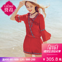 裂帛短裤夏新款休闲度假风裤子V领刺绣连体裤高腰休闲裤