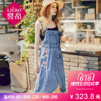 裂帛背带连衣裙夏新款牛仔减龄仙裙花朵刺绣甜美中长裙