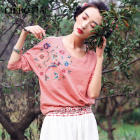 裂帛复古蝙蝠袖上衣春装新款通勤宽松花鸟绣花落肩长袖T恤