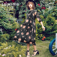 裂帛夏季新款复古丝绒中长裙子中袖雪纺两件套装印花连衣裙