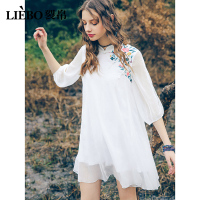 裂帛夏季白色雪纺连衣裙新款中国风中式复古盘扣立领刺绣