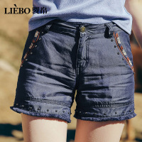 裂帛夏新款刺绣织带毛边中腰热裤学生斜插袋显瘦牛仔短裤子