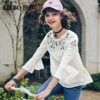 裂帛夏新款圆领刺绣袖喇叭袖上衣刺绣七分袖雪纺衫51172782