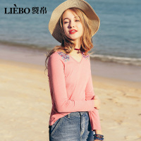 裂帛夏装新款个性V领精致绣花修身纯棉针织亮丽百搭长袖T恤