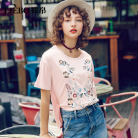 裂帛夏装新款小仙甜美简约圆领刺绣落肩舒适开叉T恤短袖