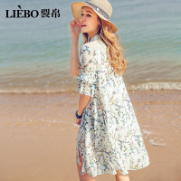 裂帛夏装新款文艺翻领小清新拼接前开襟双层中袖雪纺连衣裙