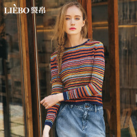 裂帛夏装新款时尚圆领多彩条纹提花长袖套头百搭显瘦针织衫