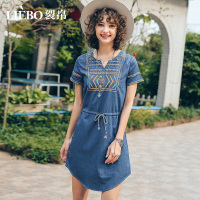 裂帛夏装新款时尚圆领精美刺绣收腰清新抽绳牛仔短袖连衣裙