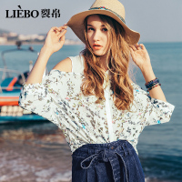 裂帛夏装新款时尚翻领露肩印花仙蝙蝠袖温柔清新雪纺衬衫
