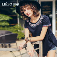 裂帛夏装新款民族风百搭圆领刺绣不规则下摆短袖舒适T恤