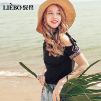 裂帛夏装新款民族风简约百搭圆领露肩系绳刺绣舒适短袖T恤