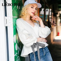 裂帛夏装新款气质V领个性连肩灯笼七分袖收腰显瘦 廓形衬衫