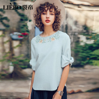 裂帛夏装新款气质圆领刺绣蝴蝶结中袖衬衣清新衬衫51172776
