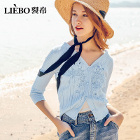 裂帛夏装新款淑V领重工刺绣七分袖纽扣百搭风开襟针织衫