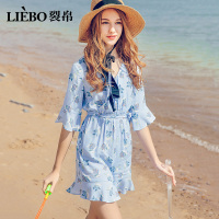 裂帛夏装新款清新复古V领喇叭中袖松紧收腰连身短款休闲裤