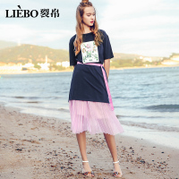 裂帛夏装新款甜美时尚浪漫休闲圆领印花雪纺压褶半裙两件套