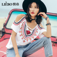 裂帛夏装新款甜美民族风镂空圆领刺绣学生露肩短袖T恤