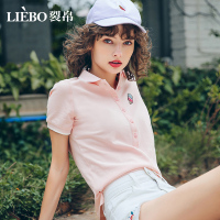 裂帛夏装新款甜美翻领舒适前开襟刺绣全棉透气百搭短袖T恤