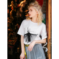 裂帛夏装新款简约圆领落肩五分袖印花网纱装饰短袖舒适T恤