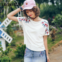 裂帛白色T恤短袖夏新款休闲圆领连肩短袖上衣刺绣百搭文艺