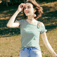 裂帛短袖条纹露肩T恤夏季新款ins超火不对称少风学生上衣