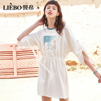 裂帛秋新款chic气质螺纹圆领蕾丝拼接慵懒可调七分袖连衣裙