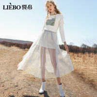 裂帛秋装新款可拆卸网纱时尚刺绣爆款松紧腰仙长袖连衣裙